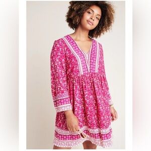 Anthropologie Maeve Isabel Pink Embroidered Boho Tunic Floral Dress Size Medium